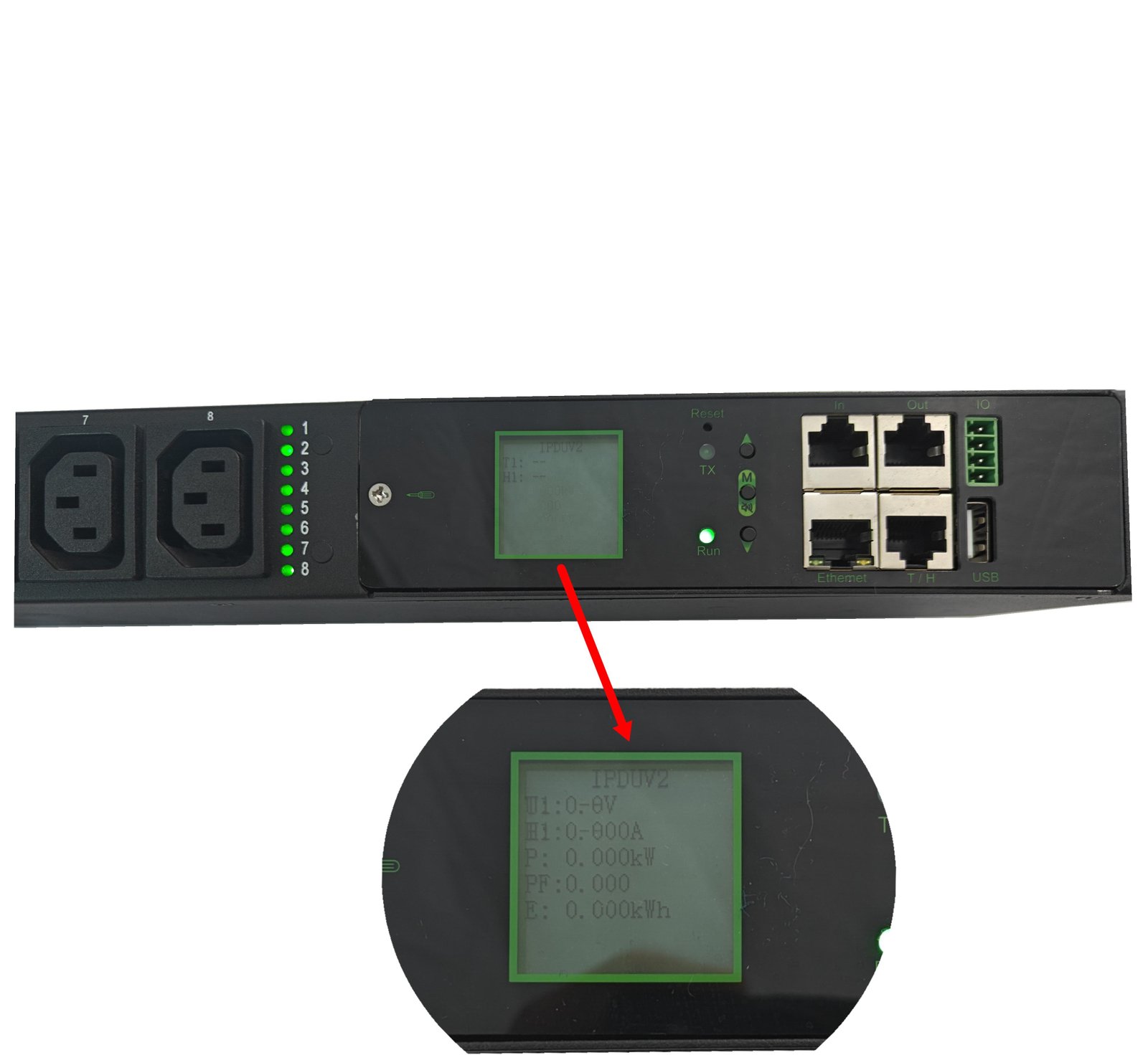 DoyonTek 1U 8-Port Horizontal Smart PDU Front View with LCD Display